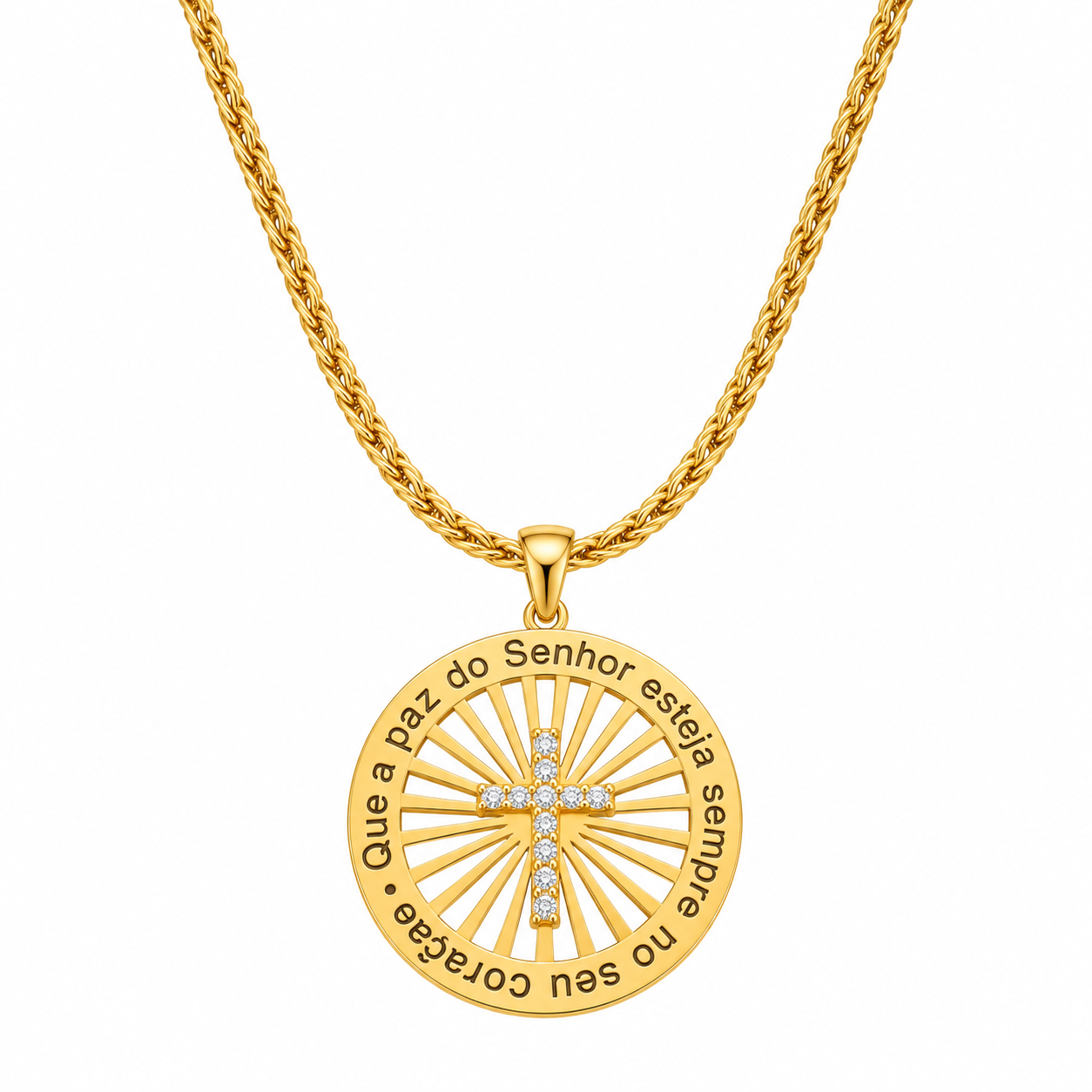 Colar dourado com medalhão radiante e cruz