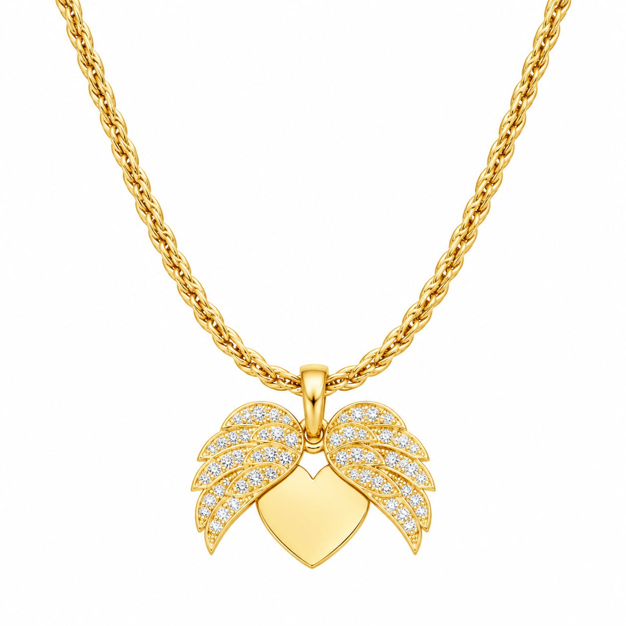 Colar dourado com coração e asas cravejadas